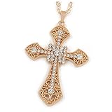 cadenas grandes superficies Tipo: filigrana. Avalaya - Colgante de Cruz de Filigrana de Cristal Grande con Cadena Larga y Gruesa en Tono Dorado - 66 cm de Largo
