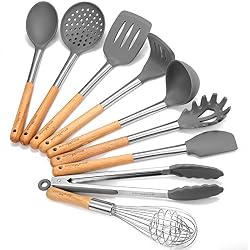 Godmorn Ustensiles de Cuisine Set, 9 pièces Outil de Cuisine Ustensile de Cuisine - Silicone & Acier Inoxydable et Poignées en Bois Ensemble d'Accessoires Culinaire pour la Cuisine