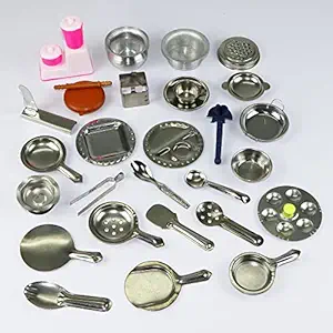 28 Pieces - Miniature Kitchen Set, Mini Kitchen Set for Kids, Choppu Jaman, Stainless Steel Kitchen Set for Girls, Miniature Cooking Set (Pack - 28)