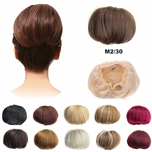 FESHFEN Bridal Hair Bun Updo Scrunchy Scrunchie Hairpiece Wig Hair Ribbon Ponytail Extensions Clips Straight Drawstring Hair Chignons Topknot Knot-M2/30 Darkest Brown & Light Auburn Mixed