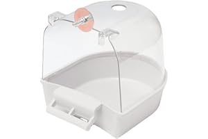 HshDUti Vasca da bagno per uccelli, da appendere, con ganci, per doccia ad acqua, contenitore trasparente, per mangiatoia per piccoli uccelli, canarini, pappagalli, 13 x 14 x 13 cm, colore: bianco