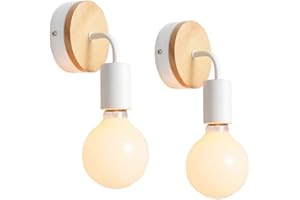 iDEGU Lot de 2 Appliques Murale Interieur Lampes Murale en Métal et Bois E27 Éclairage Mural pour Chambre, Salle de Bains (Blanc)