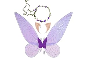 JEACKCELLE Feenflügel Kostüm Set, Damen Mädchen Schmetterlingsflügel Elfenflügel mit Elfenohren Blumenkranz Halloween Kostüm Karneval Schmetterling Kostüm Feenkostüm für Kinder Erwachsene (Lila)