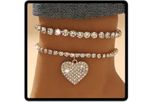 Wedity Double Layer Crystal Anklets Layered Love Bling Ankle Bracelets Summer Beach Foot Accessories Jewelry for Women Girls