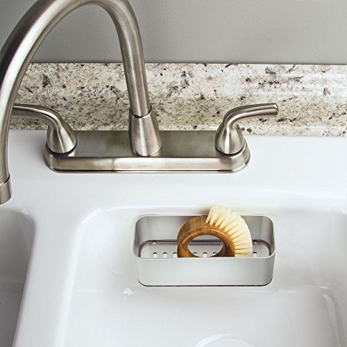 InterDesign 82776EU Affixx, Peel-and-Stick Starker Selbstklebender Halter mit Saugnapf für die Küchenspüle aus Aluminium, Topfkratzer, Abwaschbürsten, Metall, silber/smoke, 16,84 x 6,68 x 8,89 cm - 2