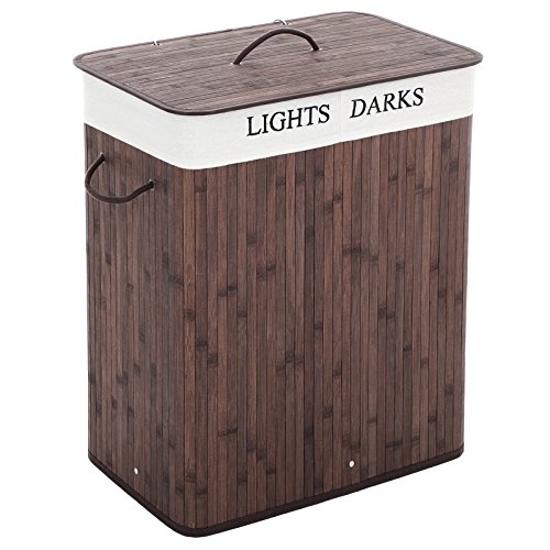 Songmics 100L (62,5 x 52 x 32 cm) Wäschekorb Bambus Faltbar Wäschebox mit 2 Fächern Wäschetonne mit herausnehmbaren Wäschesack Braun LCB64Z