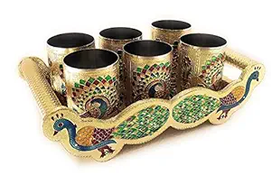 VISHAL SMART MALL Set of 6 Stain Less Steel Handicrafts Glass Indian Hand Made Meenakari Work Peacock Design Golden Color Diwali Christmas Tumbler Gift Set Item (Golden Glass wit Tray)
