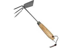 Xclou Garden Doppelhäckchen aus Edelstahl, mit hochwertigem Eschenholzgriff, mit Lederbändchen zur praktischen Aufbewahrung, für vielseitige Gartenarbeiten im Beet und Blumenkasten, sehr gut für schwer zugängliche Stellen, ca. 32,5 x 8,5 x 18,4 cm