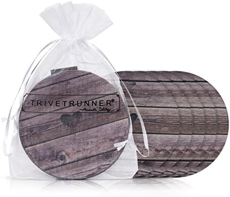 Summer Drink Coaster Set: 6 Flat 4-Inch Round Discs Protect Surfaces,Table,Bar from Hot or Cold Drinks, Anti-Slip,For Every Glass,Mug or Cup, 5 Design Choices By Trivetrunner (Wooden Rustic)