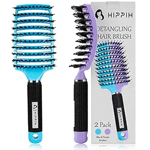 Boar Bristle Hair Brush 2 Pack, HIPPIH Wet & Dry No Pull Curved Vented Hair Brush, Styling Voremy Magical Brush Detangler for Kids & Men, Hairbrush for Women Can Adds Shine & Smooth Curly Thick Hair