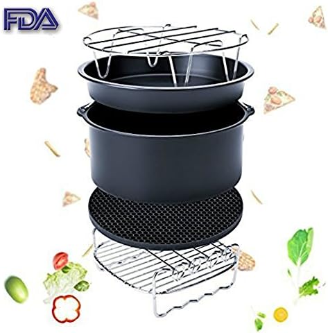 Hot Air Fryer Accessories Kit for All Air Fryer(3.2QT Up)-Philips/Tower/Princess/Duronic/Gowise,1 set of 5, Cake Barrel /Pizza Pan/ Metal Holder / Skewer Rack/ Silicone Mat