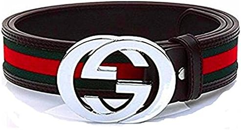 Men's silver buckle GG belt 34"- 38" (110CM) (Black green)
