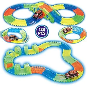 SLR Toys DIY Glowing Plastic Rail Racing Track Electric LED Light Car Set Kit Childrens Toy Vehicles (Multicolour, 128 Pcs)
