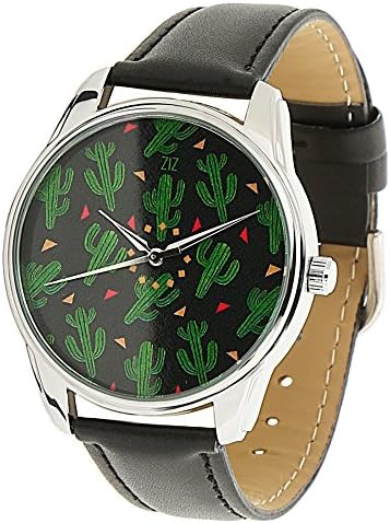 ZIZ Cactus Black Band Watch Unisex Wrist Watch, Quartz Analog Watch with Leather Band