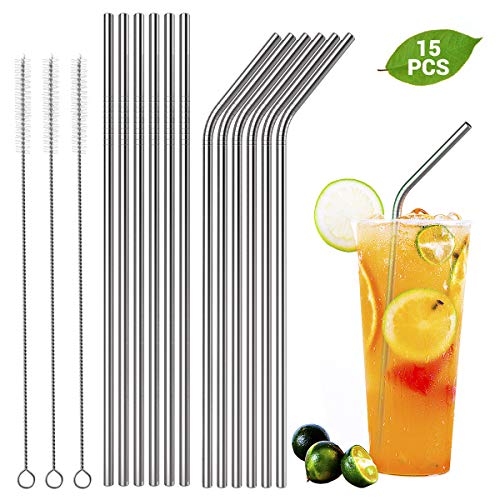 MIU COLOR - Juego de 4 Piezas de Acero Inoxidable con Pajita y Kit de Limpieza de Acero Inoxidable, Color Plateado, Acero Inoxidable, 6 Droit+ 6 courbé