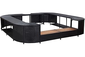 KOIECETA Whirlpool Umrandung mit 2 hölzernen Spa-Stufen Spa Poolumrandung für Schwimmbecken Quadratisch Schwarz 268x268x55cm Poly Rattan