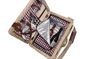 Primeware Picasso Deluxe 2 Person Bulrush Picnic Basket English Style Hamper with Cutlery, Plates, Insulated Cooler, Glasses, Tableware & Fleece Blanket