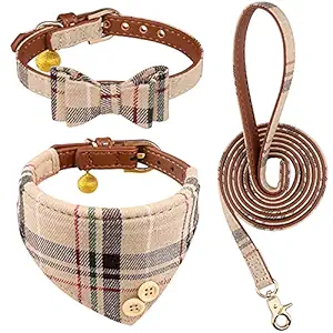 3 PCS Dog Collars for Small Dogs Puppy Collar and Leash Set Dog Bow Tie with Bell Puppy Bandana Leather Dog Collar for Small Dogs Puppies and Cats(Beige)