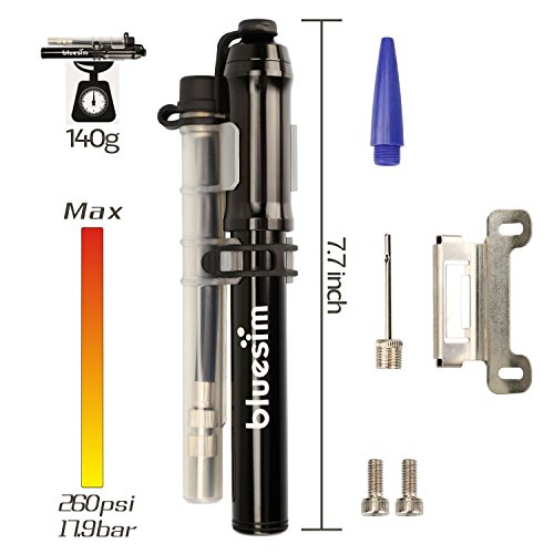 Bluesim Fahrradpumpe Minipumpe Luftpumpe Ballpumpe Standpumpe Mini-Fahrradpumpe mit Befestigungsklammer für Presta & Schrader Ventil hohen Druck 18 bar 260 psi für Fahrrad und Bälle - 2
