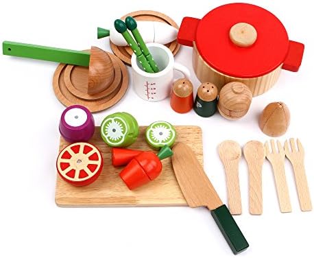 Cutting &amp; Cooking Set with With Assorted Foods &amp; Veggies, Wooden Kitchen Kids Toy, Educational Toy, Pretend Play Play Food Assortment With Stir and Serve Cooking Utensils - iPlay, iLearn