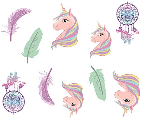 Pastell Einhorn. Mit Traumfänger und Pastell Feder. Die Einhörner sind los ! Nageltatoos, Water Decals. (WR-15) (L1R1E3)