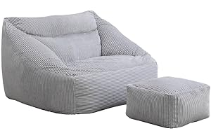 ‎HOME DELUXE Home Deluxe - Sitzsack Cozy mit Hocker - Stoff: Samt Cord, Farbe: Hellgrau - Maße: 100 x 88 x 80 cm, inkl. Füllung I Sitzmöbel Bean Bag Sitzsäcke
