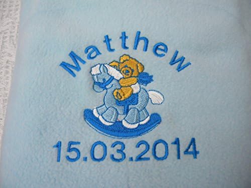 Personalised Baby blanket embroidered with rocking horse design keepsake birth gift boy girl pink blue white lemon baby shower (blue)