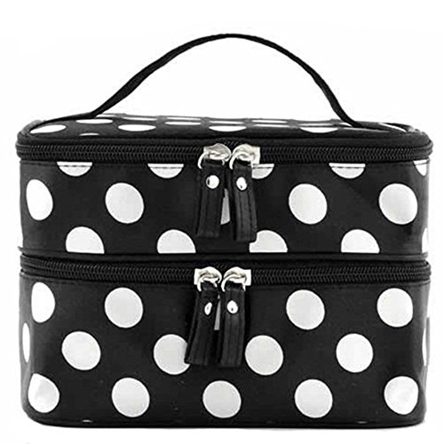 SupplyEU Polka Dots Pattern Double Layer Dual Zipper Makeup Case Cosmetic Hand Bag Tool Storage Toiletry With Mirror (Black)