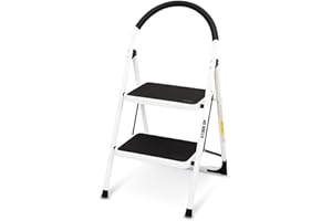 Escabeau à 2 marches BM TOOLS BMT-ESC2-ACIER, Haut. de Travail : 47 cm, se Range Facilement, Marches et Poignées Anti-dérapantes