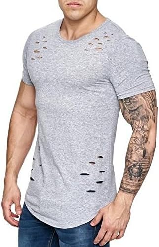 NING456 Summer / Leisure / Men / Pure Color / Hole / Hole / Big Code / Collar / Short Sleeve / T-Shirt / Cotton,M,Light Grey