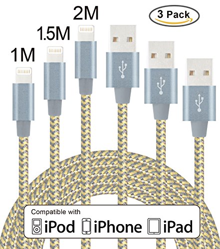 Flashstye 3 Pack 1M 1.5M 2M Phone Charger Nylon Braided Lightning to USB Cable Apple lightning cable for iPhone 7 Plus 6S Plus 6 Plus SE 5S 5C 5, iPad 2 3 4 Mini, iPad Pro Air, iPod.(Gold Gray)