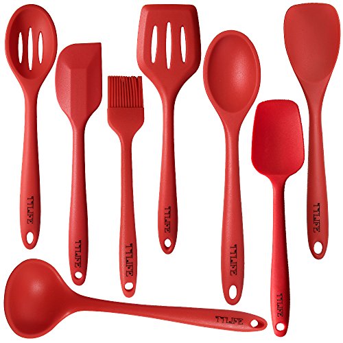 TTLIFE Silikon Küchenhelfer Set von 8 Stücke– Hitzebeständige Pfannenwender Turner, Schaumlöffel , Schöpfkelle , Löffel, Löffel Spatel, Spoonula, Küchenspatel, Basting Pinsel– Perfekt zum Kochen und Backen, Küchenzubehör, Rot - 2