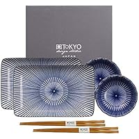 TOKYO design studio, Nippon Blue, Sushi Set, 6 Piezas. 2 Placas de Sushi, 2 Sauce Cuencos de Madera, 2 Pares Palillos Chinos. Sushi Plato Porcelana Set.