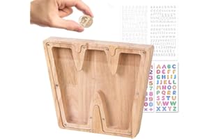 Wivico Wooden Letter Money Box|Reward Jar|Piggy Banks for Kids|Personalised Fillable Letters Clear Money Box|A-Z Letters Coin Bank for Christmas Birthday Gift/Keepsake|with Alphabet Stickers(W)