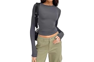 OYIGELZ Langarmshirt Damen Klassischer Basic T-Shirt Crop Tops Y2K Slim Fit Oberteile Sweatshirt Casual Rundhals Tee Shirt