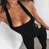 Longwu frauen ärmellose bodysuit schulterfreien rückenfrei elastischen eng anliegende sexy overall Schwarz-M -