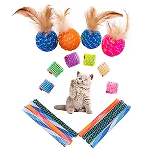 JpGdn 1Set/18pcs Cat Toys Ball with Feather and Bell Assorted Kitten Teasing Toys Spring Tube Coil for Indoor Cat Pet Colorful Stretchable Interactive Catcher Playing Toy Set