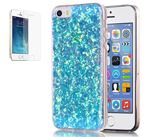 Preisvergleich Produktbild Apple iphone 5 / 5s / SE Hülle mit Panzerglas,ISENPENK Ultra Slim Silikon Soft TPU Crystal Clear Transparent Bling Bling Pailletten Glitzer Case,Wasserdicht Shockproof Anti Slip Stoßfest Protection Durchsichtig Handyhülle,Thin Silicon Glitter Shinning Cover Bumper Schutzhülle Tasche für Apple iphone 5 / 5s / SE 4.0Zoll-[blau]+Panzerglas / Schutzglas / Displayschutzfolie