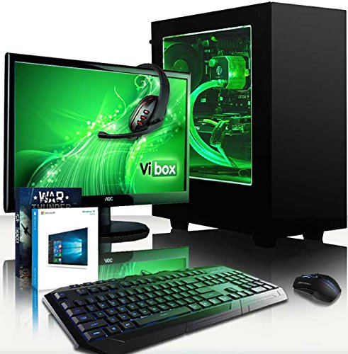 VIBOX Warrior Komplett-PC Paket 4.167 Gaming PC - 4,0GHz AMD FX 6-Core CPU, RX 460 GPU, leistungsfähig, Wassergekühlter Desktop Gamer Computer mit Spielgutschein, 22" HD Monitor, Gamer Tastatur & Mouse, Windows 10, Grün Innenbeleuchtung, lebenslange Garantie* (4,0GHz übertakteter Superschneller AMD FX 6300 Sechs 6-Core Prozessor CPU, MSI AMD Radeon RX 460 2GB Grafikkarte, 16GB Team Elite 1600MHz RAM, 120GB SSD, 3TB Festplatte, Raijintek Triton Wasserkühler, 85+ Netzteil, NZXT Gehäuse)