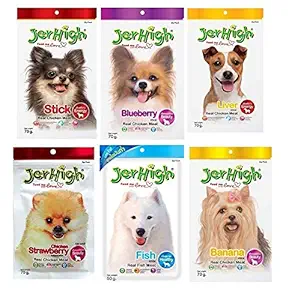 JerHigh Real Chicken Food Treat Stick, Blueberry, Liver, Strawberry, Fish, Banana Flavor 6 Pack Combo Set 70g for Dogs