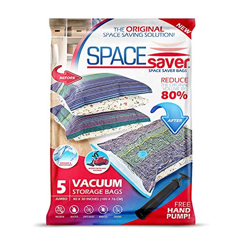 SPACESAVER Sacchetti salvaspazio per sottovuoto. 80% di Spazio in più. Pompa a Mano per Viaggiare. Guarnizione a Doppia Zip e Tripla Guarnizione Turbo-valvola per Il Massimo Risparmio di Spazio.