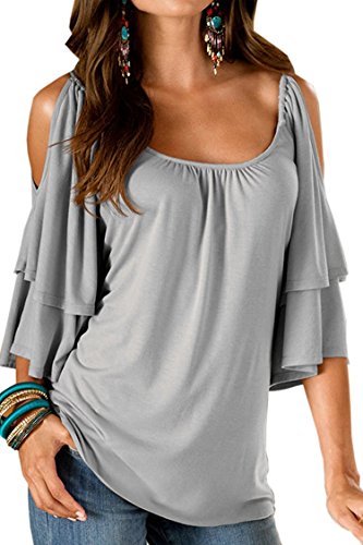 BienBien Donna Maglietta Elegante Estivo T Shirt Spalle Scoperte Moda Bluse con Volant Camicie Manica Corta Senza Spalline Irregolare Taglie Forti Top Scollo a Barca Pullover Tumblr Tinta Unita