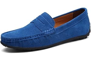 MUYIN Driving Moccasins for Men Genuine Leather Round Toe Stitching Details Suede Vamp Rubber Sole Penny Loafer Lightweight Resistant Flexible Anti-Slip
