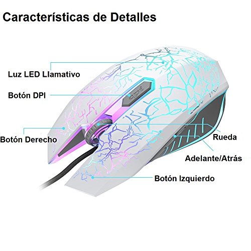 VersionTECH  Rat  n Gaming con Cable hasta 2400 DPI Rat  n Ergon  mico   ptico para Juegos con 7 Colores Luz LED 6 Bot  n Gaming Mouse Wired para PC Ordenadores Port  til Mac Blanco 