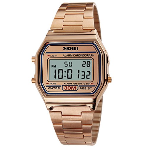 SKMEI - Reloj LED de Cuarzo Analógico Resistente al Agua Relojes Impermeable Múltiples Funciones Alarma Cronómetro para Hombres Forma Clásica - Oro Rosa