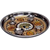 shopremp Steel Handcrafted Meenakari Work Pooja Thali with Diya Stand for Temple/Home
