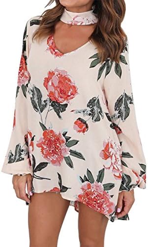 LANOMI Women Long Bell Sleeve Casual Choker Tops Floral Loose V Neck Flower Printed Beach Top T-Shirt Dresses Blouse 8 10 12 14 16 18 20 (Size 4XL/UK 22, Apricot Floral)
