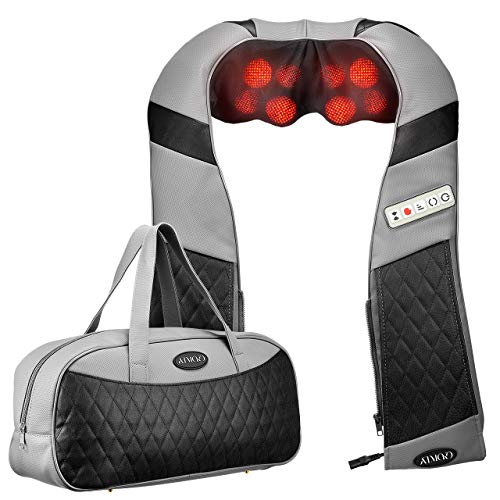 Atmoko Masseur shiatsu avec ceinture, mains libres, 5 boutons, 3 intensités réglables, sac transportable & adaptateur pour voiture, masseur cervical et épaules pour bureau / maison / voiture