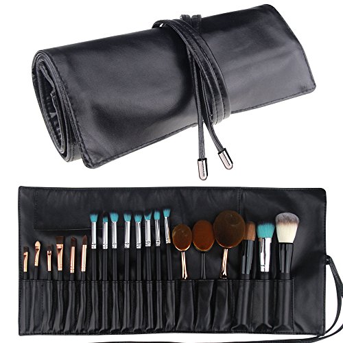 Travelmall Makeup brush rolling case pouch holder Cosmetic bag organizer Travel portable 18 pockets Cosmetics Brushes leather case (black)