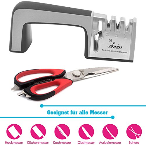 Messerschärfer Scherenschärfer mit 4 Stufen-Schleifsystem, Leknin Keramikmesserschärfer mit 4 in 1 Design geeignet für verschiedene Größen von Messern und Scheren, Multifunktions-Küchenschere dazu als Geschenk (Schwarz)